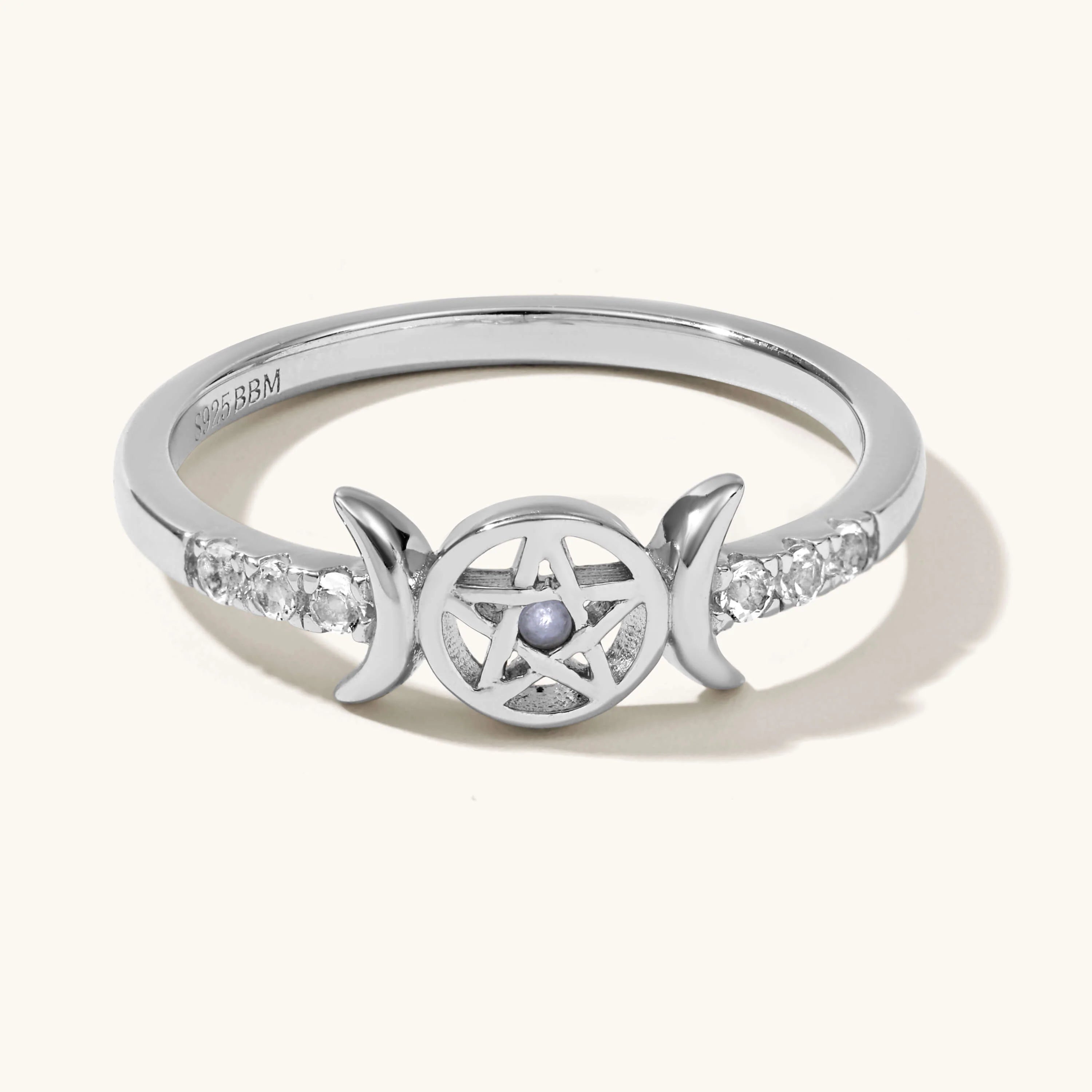 Triple Moon Goddess Pentagram Ring